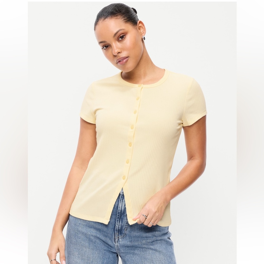 NWOT Old Navy Short-Sleeve Ribbed Button-Down Top, Size M Tall, Celestine